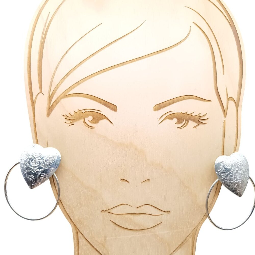 Heart Shaped Vintage Engraved Silver Tone Hoop Earrings